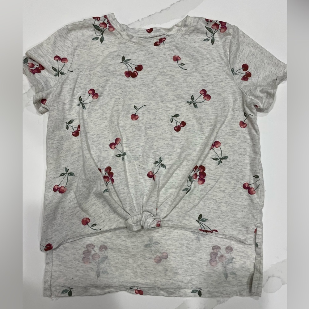 OshKosh kids cherry pattern short sleeve t-shirt- high low tie front size 10